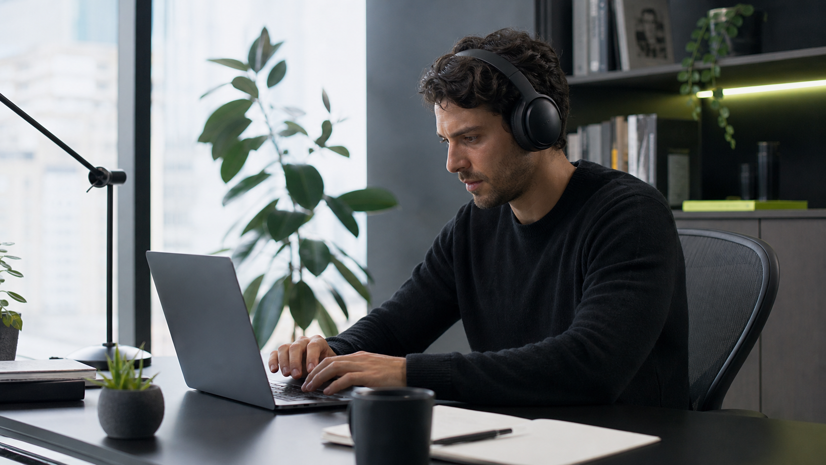 Founder focused on work while wearing Neurofocus headphones