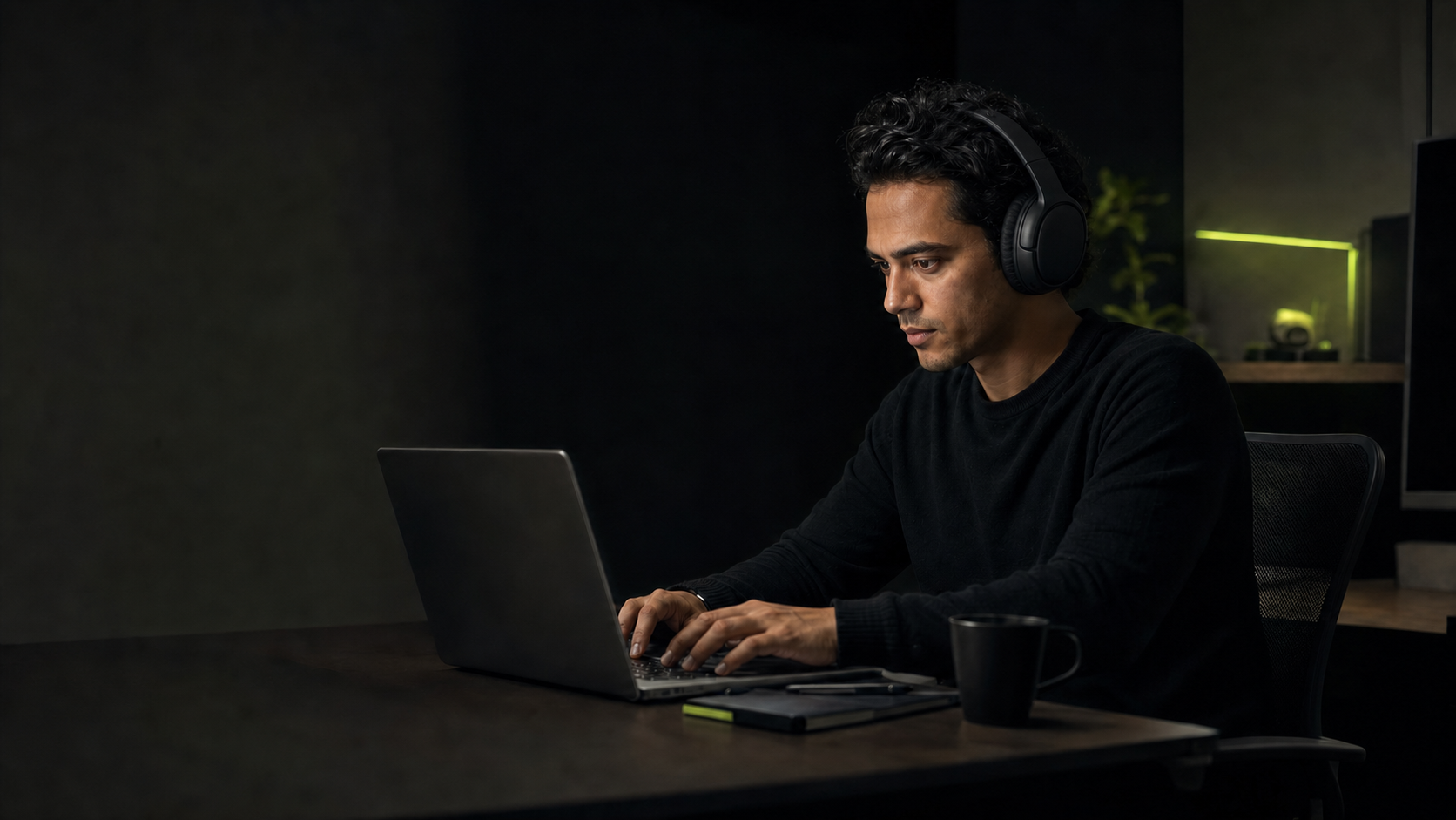 Founder working while wearing Neurofocus headphones